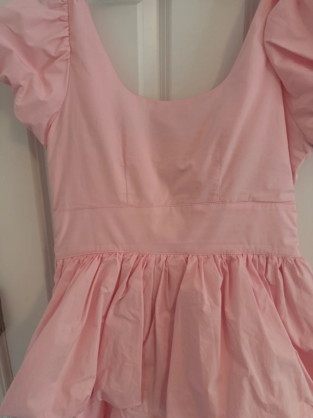 Olivaceous Pink Puff Sleeve Tiered Mini Dress with Waist Tie Small - Picture 12 of 12
